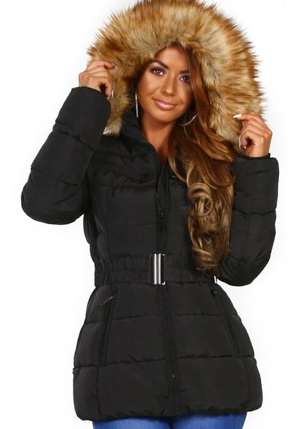 Women’s Quilted Puffer Jacket with Faux Fur Hood | Warm Belted Winter Coat – Padded Outerwear with Detachable Fur Trim and Stylish Design