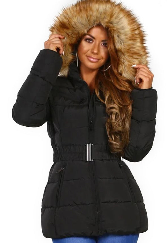 Women’s Quilted Puffer Jacket with Faux Fur Hood | Warm Belted Winter Coat – Padded Outerwear with Detachable Fur Trim and Stylish Design