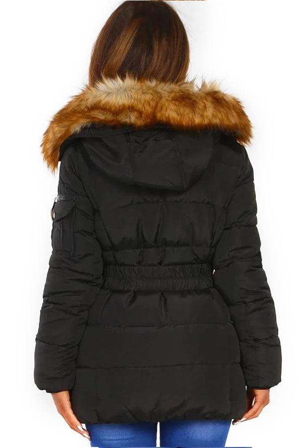 Women’s Quilted Puffer Jacket with Faux Fur Hood | Warm Belted Winter Coat – Padded Outerwear with Detachable Fur Trim and Stylish Design