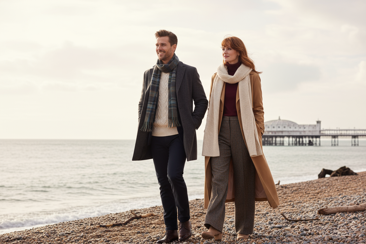 Ein stilvolles Modefoto von einem Mann und einer Frau, die gemeinsam am Strand von Brighton spazieren. Beide tragen elegante Herbst- oder Winterkleidung – Mäntel, Schals und Pullover. Das Meer und das Brighton-Pier sind im Hintergrund zu sehen. Beide Gesichter und Köpfe sind vollständig sichtbar. Das Bild soll hell, natürlich und hochwertig wirken, geeignet als Website-Banner. Erstelle es im Querformat mit etwa 1600×900 px, sodass die Personen vollständig und zentriert im Bild zu sehen sind.